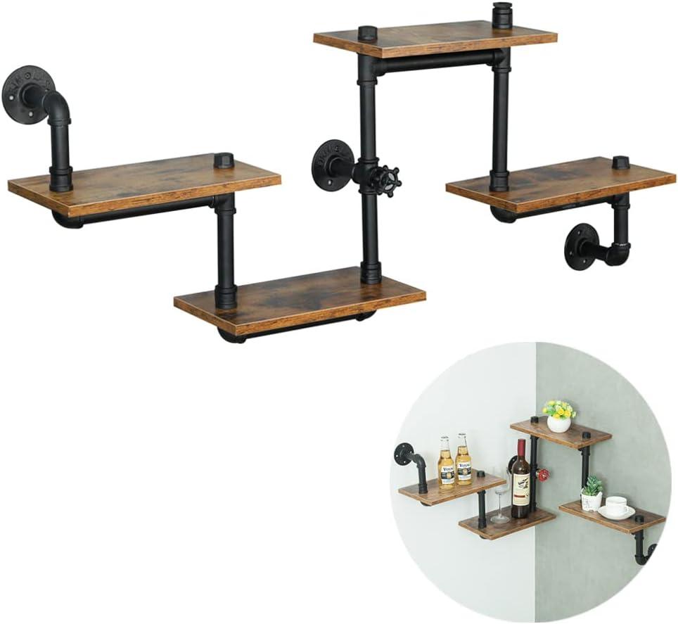 Industrial Pipe Shelving, Pipe Shelves with Wood Planks, Floating Shelves Wall Mounted, Retro Rustic Industrial Shelf for Bar Kitchen Living Room