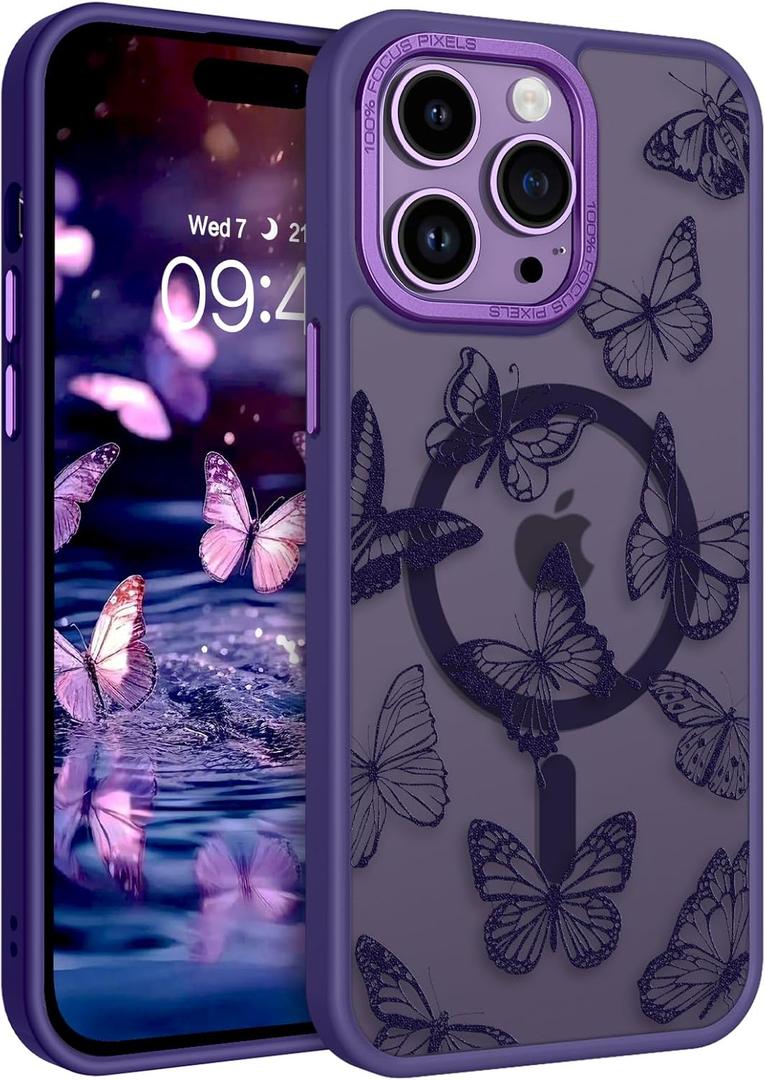 BENTOBEN for iPhone 14 Pro Max Case, Cute Butterfly Pattern Magnetic Phone Case Compatible with MagSafe Translucent Matte Slim Women Girl Protective Cover Case for iPhone 14ProMax 6.7", Dark Purple