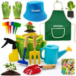 Kids Gardening Tools Set Includes Toddler Gardening Gloves, Sturdy Tote Bag, Watering Can, Shovel, Rake, Trowel, Children Apron, Garden Notebook - Easter Gifts for Toddler