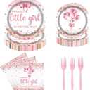 Pink Bow Baby Shower Party Tableware Set 96 Pcs A Sweet Little Girl is on The Way Disposable Plates Napkins Forks Pink Floral Baby Shower Decorations Serve 24 Guests