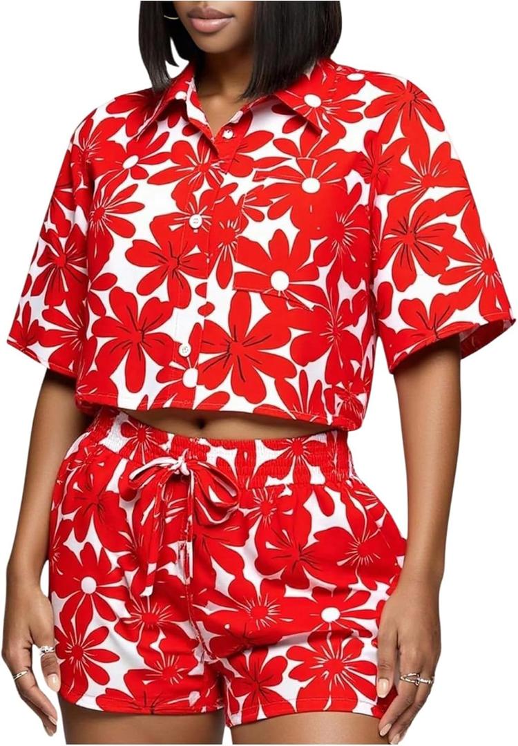 WDIRARA Women's 2 Piece Floral Print Set Short Sleeve Button Down Blouse and Drawstring Shorts Outfits (XL)