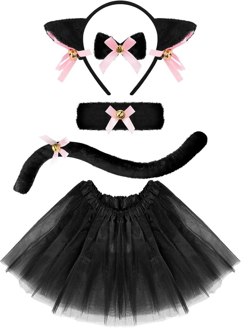 Neer 5 Pcs Halloween Cat Costume Set Girl Cat Ears Headband Tail Bow Tie Tutu Skirt for Kitty Halloween Dress up Party (Medium, Black)
