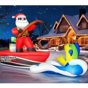 12FT Long Christmas Inflatables Santa Sea Fishing on Giant Boat, Christmas Decoration Outdoor Huge Blow Up Yard Decorations Large Blowups with LED Lights for Xmas New Year Holiday Party