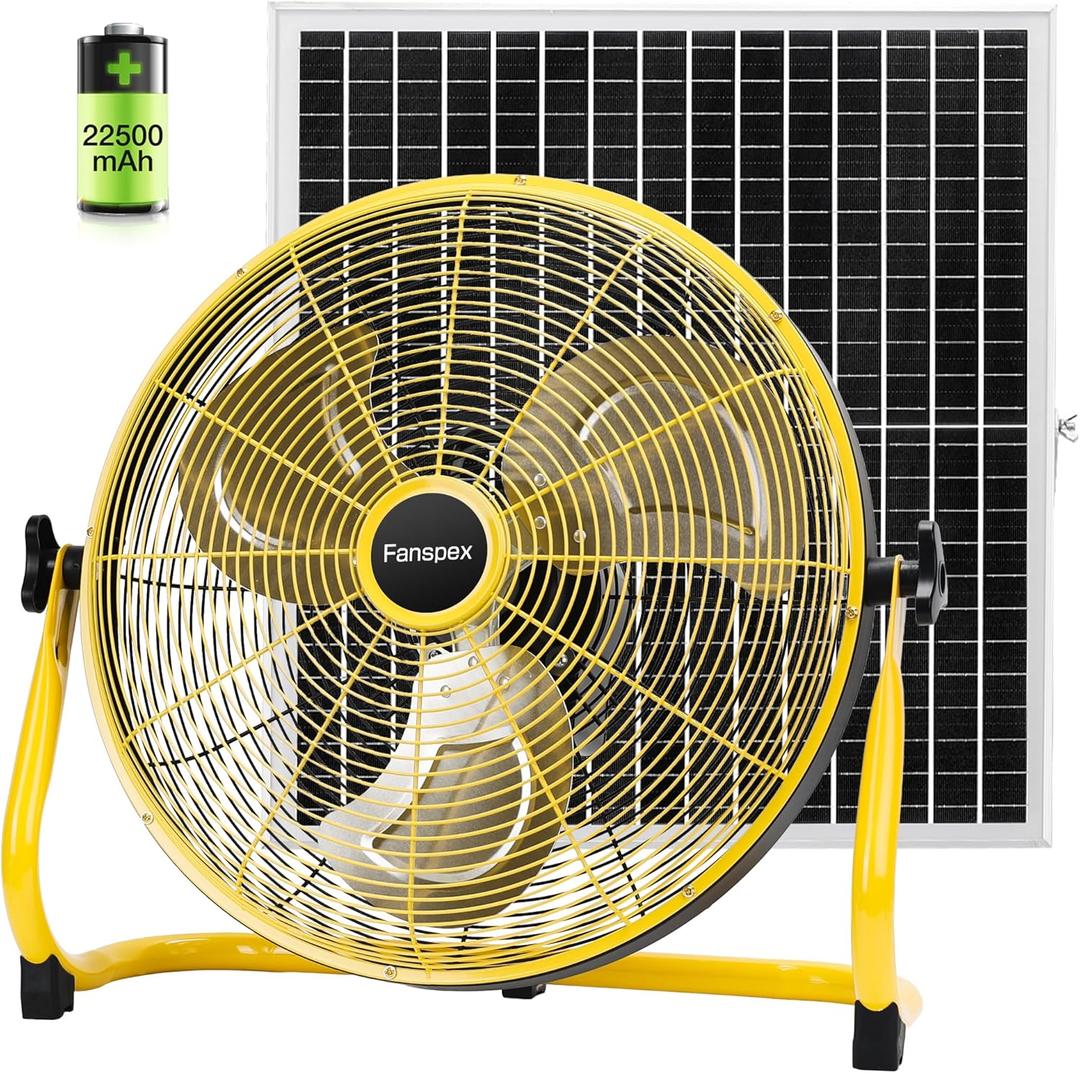 Fanspex 16" Solar Rechargeable Floor Fan for Outdoor, Large Battery Operated Fan with 35W Solar Panel Powered for Patio Gazebo Camping, 360° Tilt