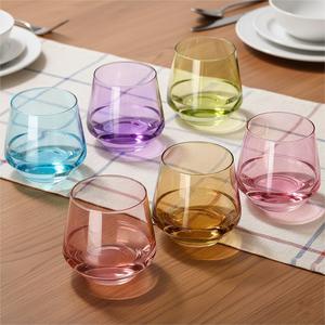 Physkoa Colored Stemless Drink Cooler Glasses Set of 6, Multi color Drink Cooler Glasses14oz,Diamond Shaped Cocktail Glass,Colorful Short Tumblers.Unique Drinkware for Home Party