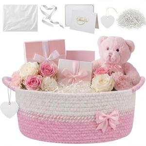 Colingmill Mother's Day Empty Gift Basket 14 * 10 * 5.5 in Basket with Gift Bag Ribbon and Paper Filler Thank You Card Tag for Graduation Nursery Living Room Shelves Birthday(Pink,Jumper Wire)