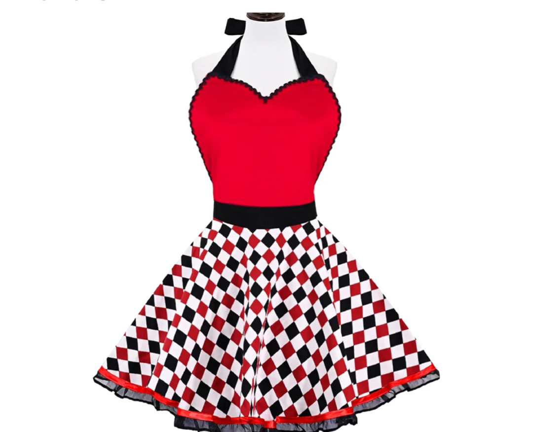 Violet Mist Cute Sweetheart Vintage Aprons for Women Girls Checkered Retro Stylish Aprons Sexy Red Dress 50s Apron Pretty Lace Ruffle Adjustable Neck Strap Flirty Apron Halloween Christmas Mother Gift