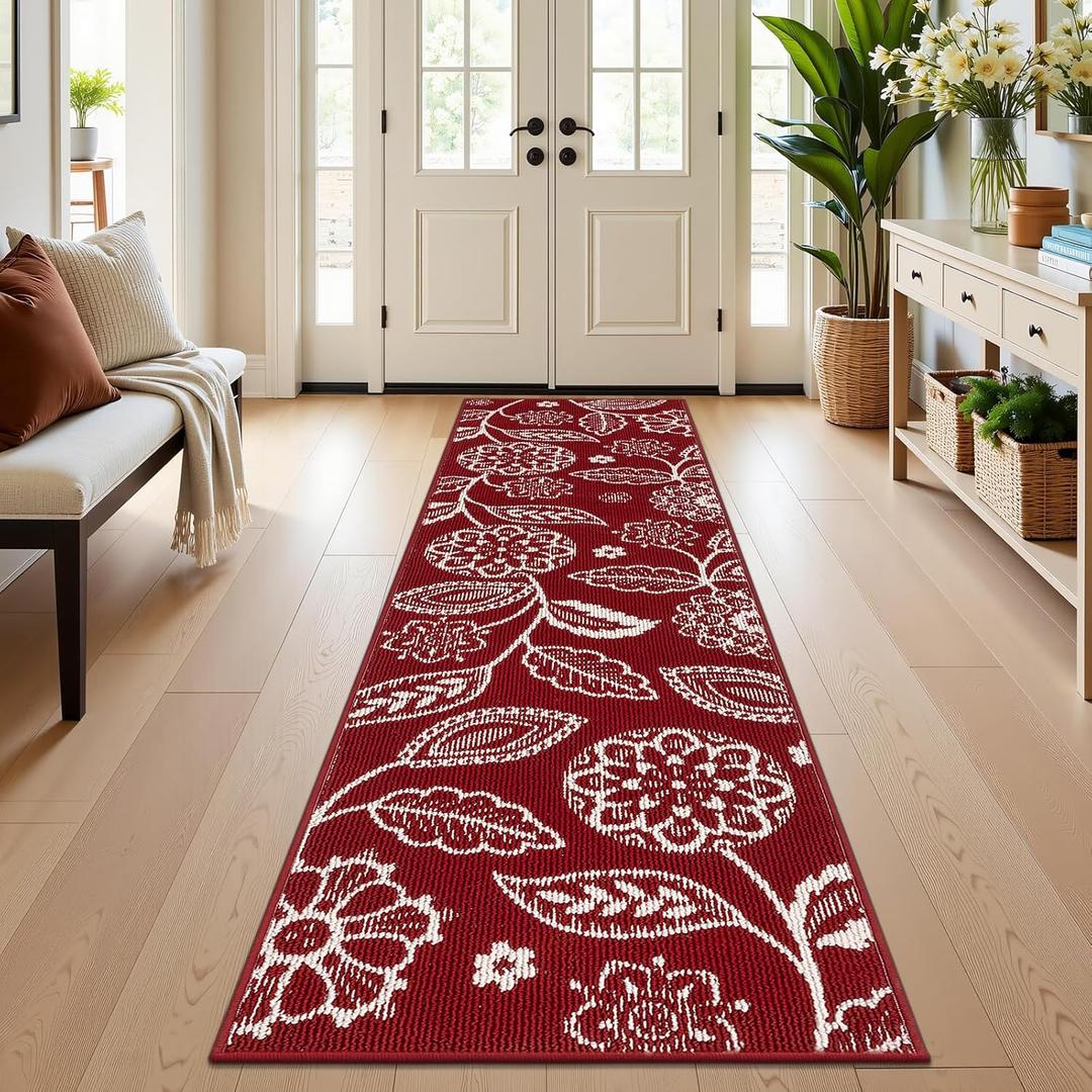 2x8 Washable Christmas Runner Rug with Non Slip Backing, Absorbent & Dirt-Trapping, Red and White High-Low Textured Floral Hallway Carpet for Kitchens, Laundry Rooms, Bathrooms, Entryways