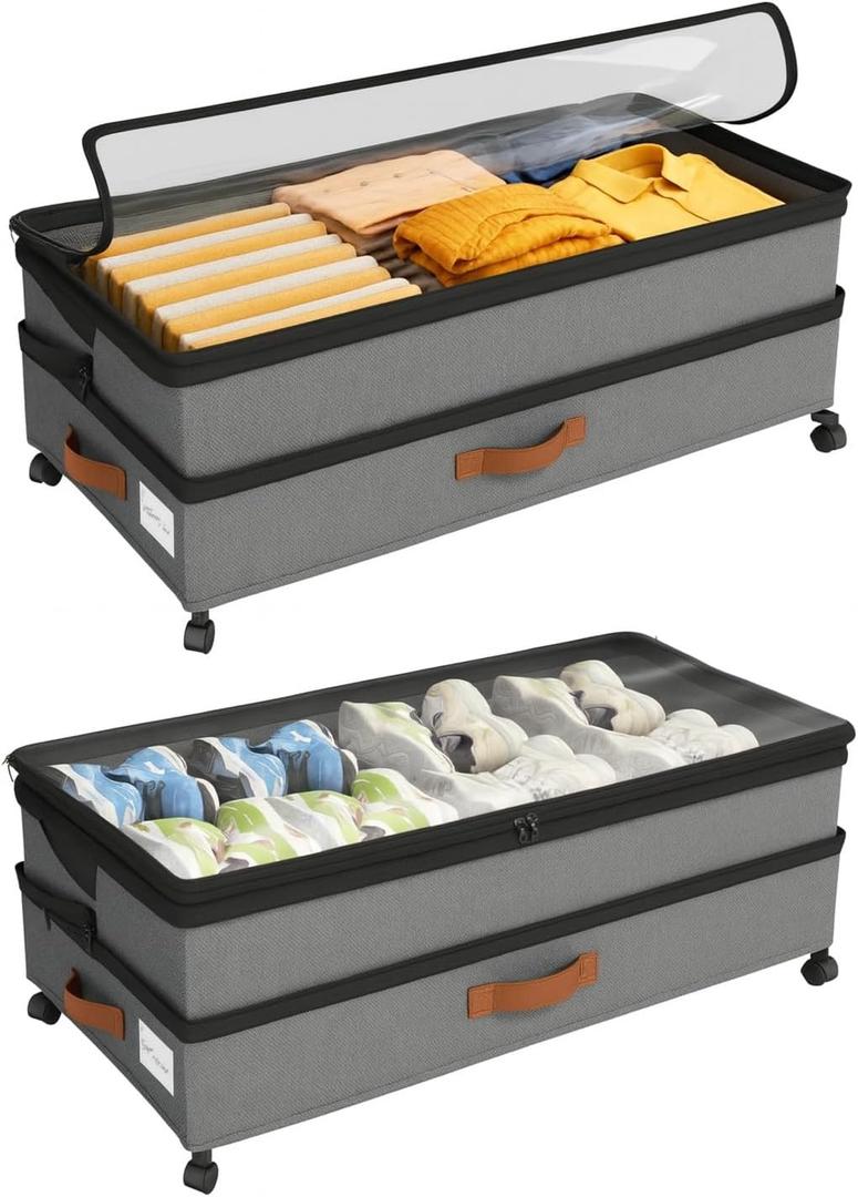 Expandable Under Bed Storage with Wheels 2 Pack  Large Under Bed and Closet Storage - Expandable Storage Bins with Lid & Dividers, Low Profile Storage Solution for Clothes, Shoes Great for Dorm Rooms