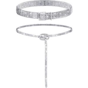 Geyoga 2 Pieces Women Rhinestone Belt for Dress Crystal Diamond Shiny Wide Waist Ladies Belt (Medium, Fit Waist Size 27-34 Inch, Silver)