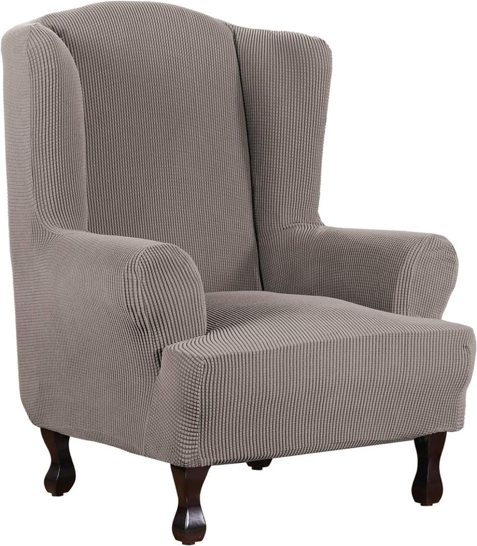 H.VERSAILTEX Wing Chair Slipcover Chair Covers for Wingback Chairs Wingback Chair Covers Slipcovers 1 Piece Stretch Sofa Cover Furniture Protector Soft Spandex Jacquard Checked Pattern, Taupe