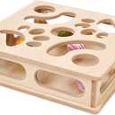 Cat Interactive Box Puzzle Toy with 3 Small Balls and 1 Bell Indoor Hunting Exercise Toy for Kittens Natural Wood Material