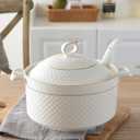White Soup Tureen with Gold Design,Double Handle Soup Serving Bowl with Lid and Spoon Bone China Tableware,2.2L