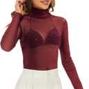 KICZOY Women See Through Tee Tops Long Sleeve T Shirt Sexy Mesh Sheer Mock Neck Layering Lace Tshirt (XS)