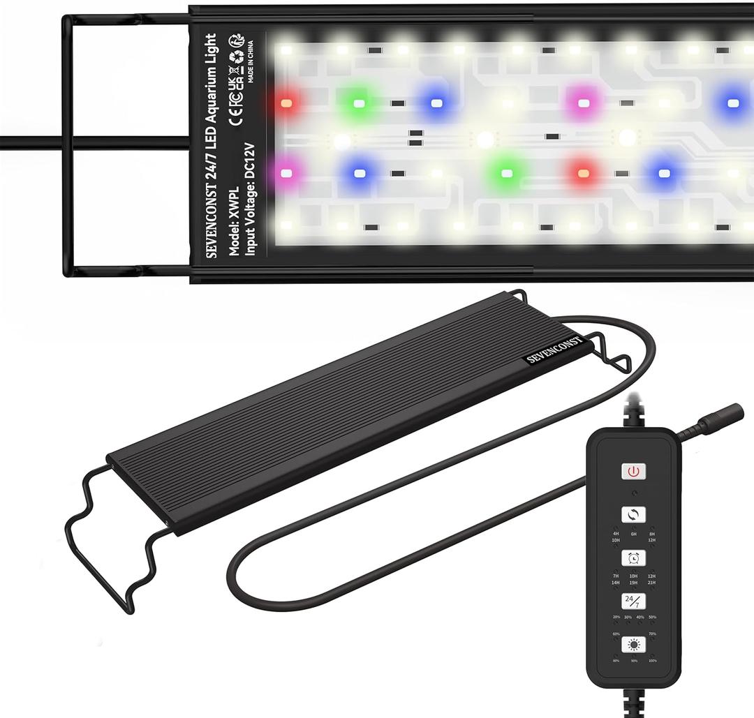 24/7 Mode LED Aquarium Light for 18-24 Inch Plant & Fish Tank, IP68 Full Spectrum Light, Sunrise-Daylight-Moonlight, White Red Green Blue Pink LEDs with Extendable Brackets for Freshwater