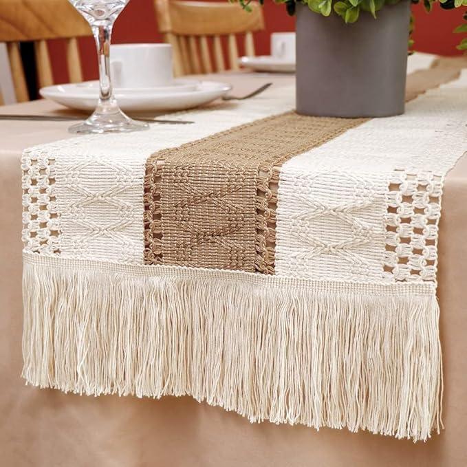 Cotton Macrame Table Runner, 108 x 14 Inches, Beige and White, Bohemian Style with Tassels