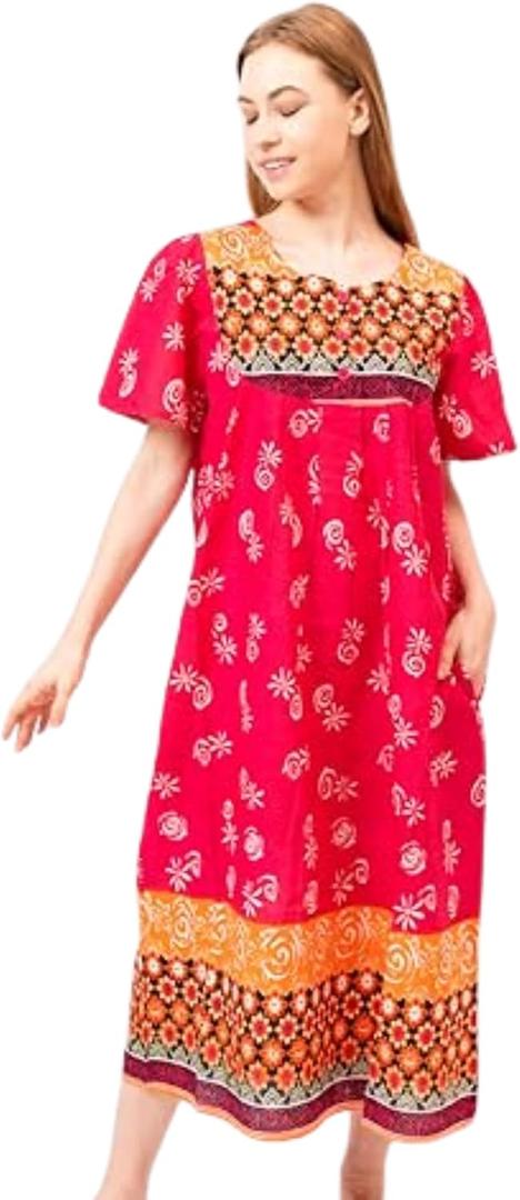 Women's Short Sleeve Red Lounger House Dress - 3 Button Bib Yoke and Pockets (Pink, XXXL)