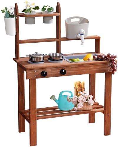 ROBOTIME Mud Kitchen for Kids Outdoor, Wooden Kids Kitchen Playset, Outdoor Play Kitchen with Removable Sink, Faucet, Cooking Accessories, Stove, Fun Backyard Outdoor Kitchen for Boys Girls 3+