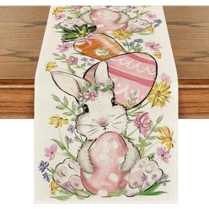 Artoid Mode Bunny Rabbit Egg Flower Easter Table Runner, Seasonal Spring Kitchen Dining Table Decoration for Home Party Decor 13x36 Inch (Beige)