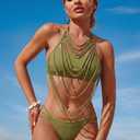 ZAFUL Women's Tassel Halter Bikini Set Metal Decor Cheeky Two Piece Swimsuit High Cut Bathing Suit (Green, S)