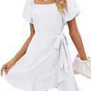 SAMPEEL Womens Summer Dresses Square Neck Puff Sleeve Tie Waist Short Dress, Small, White