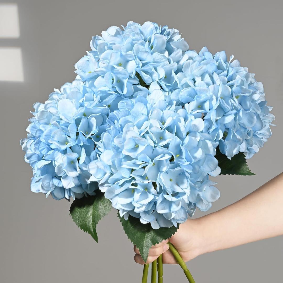 BLEUM CADE 4 Pcs Blue Hydrangea Artificial Flowers with Realistic Stems, 18In Large Fake Blue Flowers, Faux Flower for Home Party Decor Outdoor Wedding Bouquets Table Centerpieces Decoration
