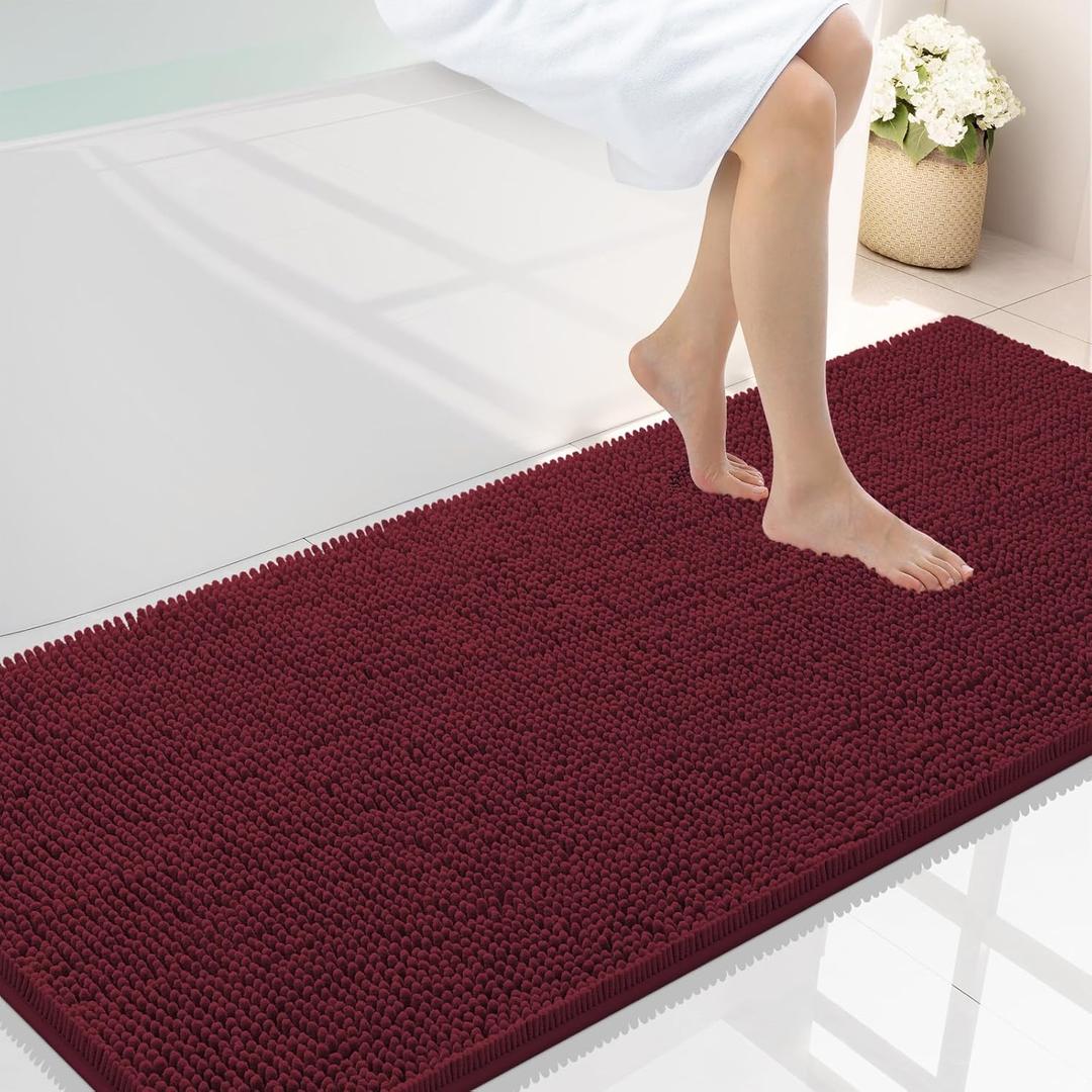 Smiry Luxury Chenille Bathroom Rugs 59x24, Extra Soft and Absorbent Shaggy Bath Mat, Machine Washable, Non-Slip Plush Carpet Runner for Tub, Shower, and Floor, Home Decor Accessories, Burgundy