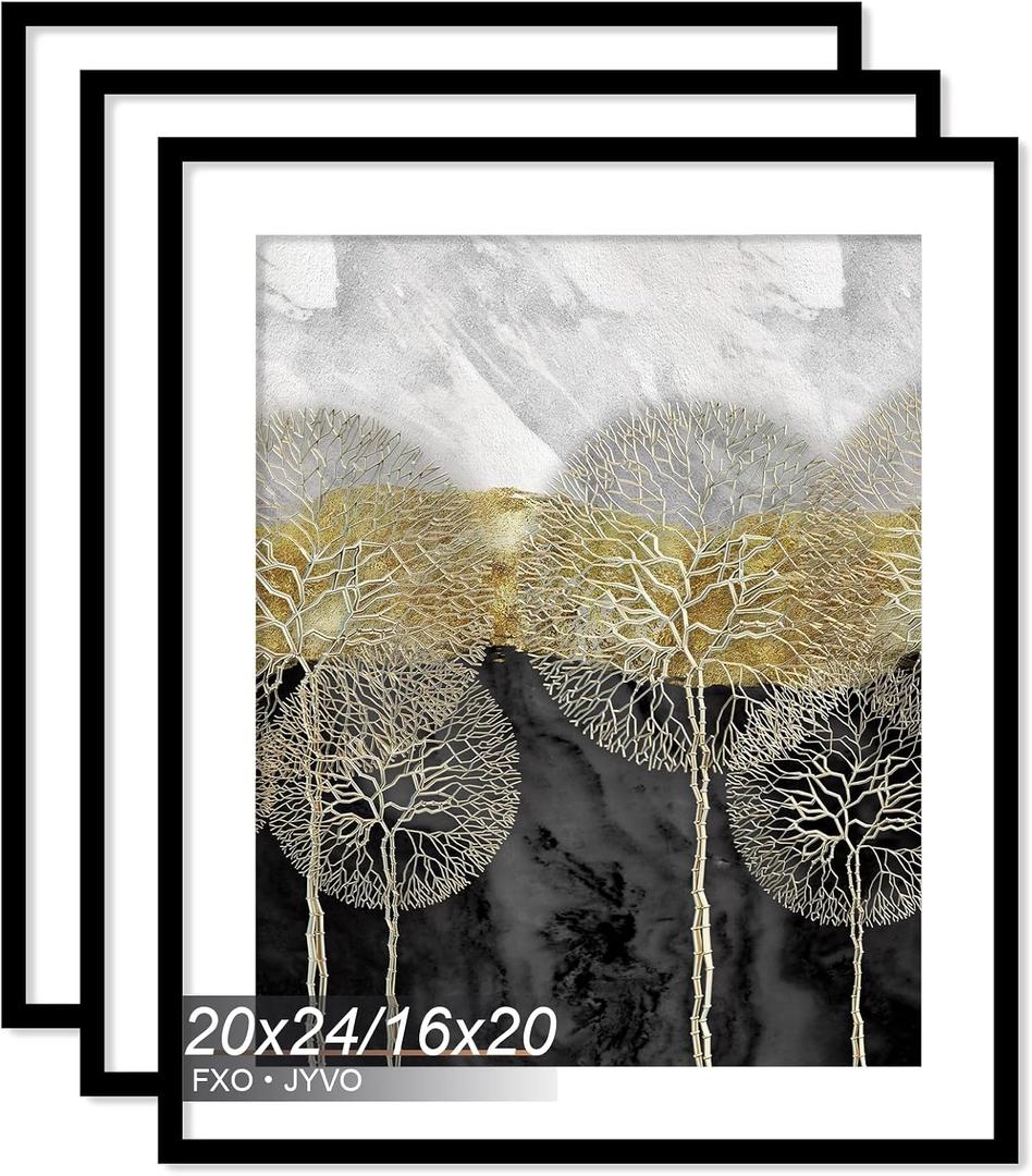 Fxojyvo 20x24 Picture Frame Set of 3, Display Poster 16x20 with Mat or 20 x 24 Without Mat, Light Weight and High Transparent 20 by 24 Frame for Wall - 3 Pack/Black/20 x24