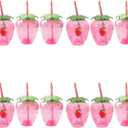 DOITOOL Strawberry Shaped Cups with Lids and Straws 16 Pcs Plastic Strawberry Drinking Tumblers for Girls Portable Milk Tea Cups for Parties and Everyday Use, 12.00X10.00X9.50cm/4.72X3.93X3.73inch