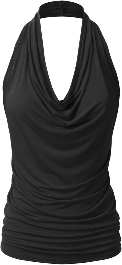 EIMIN Women's Casual Halter Neck Draped Front Sexy Backless Tank Top BLACK L