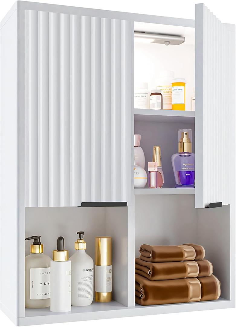 HAIOOU Fluted Bathroom Wall Cabinet with Motion Sensor Light, Curved Profile Wooden Medicine Cabinet Wall Mounted Cupboard, Wave Like Over Toilet Storage Cabinet with Buffering Hinges - Modern White