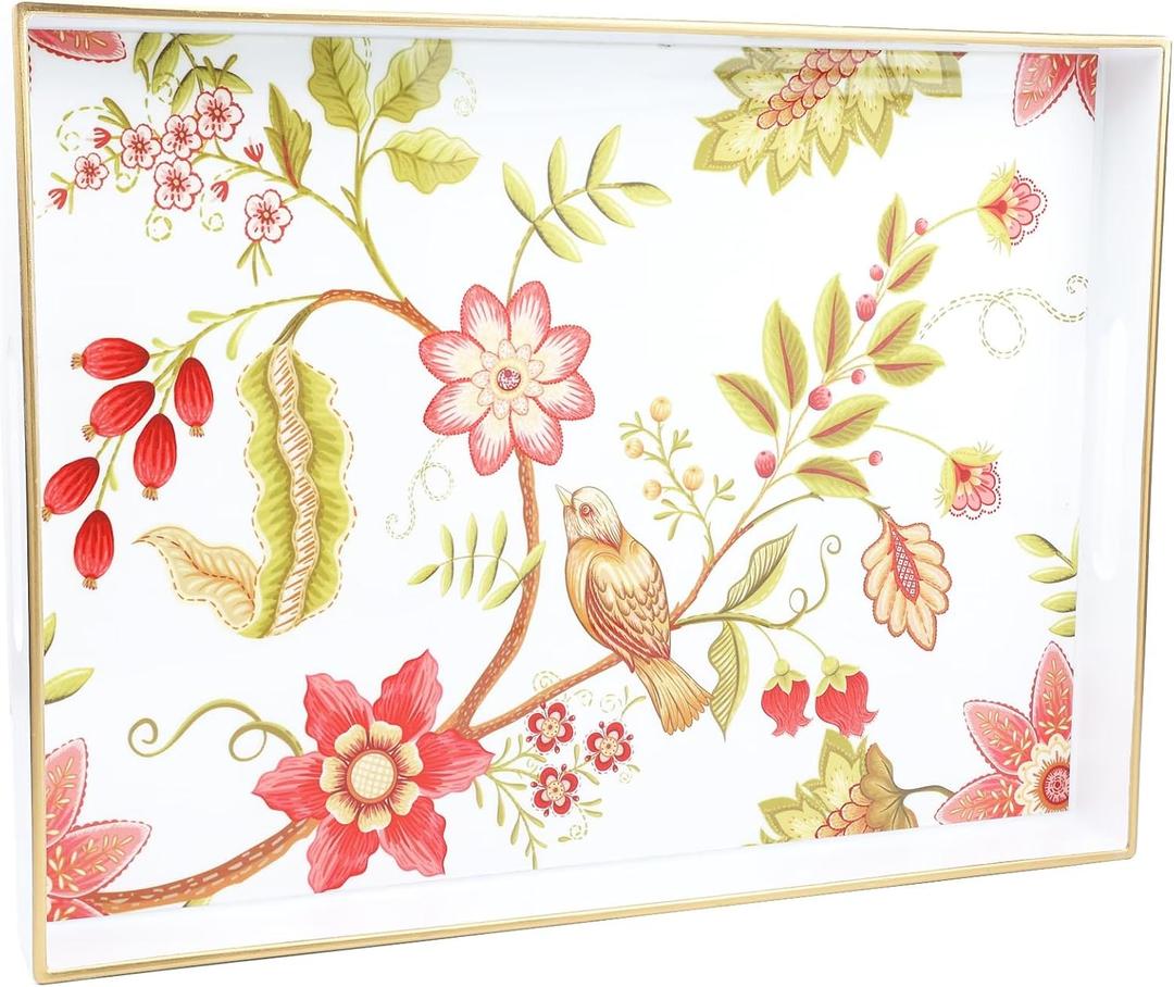 Spsyrine Decorative Serving Tray with Handles, White Lacquered Coffee Table Tray for Ottoman, Rectangle Waterproof Platters for Centerpieces, Parties, Living Room, Kitchen Counter Organization (16" x 12" x 1.6")