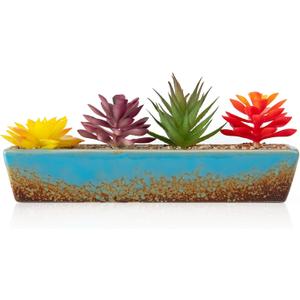 ARTKETTY Succulent Pots - 9.8 Inch Large Succulent Planters with Drainage, Long Rectangle Window Sill Planters, Shallow Ceramic Pot for Indoor Cactus Flower Plants (Plants Included), Blue