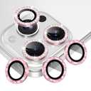 AGVEE 3+3 6 Pack for iPhone 16 Pro 6.3" / 16 Pro Max 6.9" Camera Lens Cover Protector, Bling Diamond & Bling Glitter Metal Ring 9H Tempered HD Glass Camera Cover Protector Film, Bling-Pink