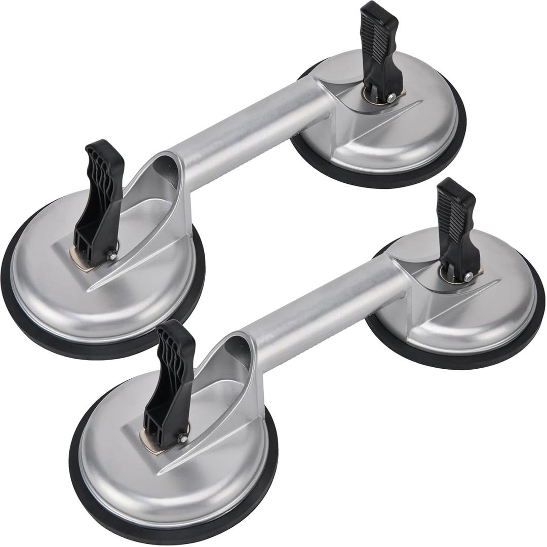 Heavy Duty Suction Cups - Aluminum Vacuum Handle Glass & Tile Lifter - Ergonomic, Reliable Suction for Lifting Large Glass, Tile, Marble, Floor, Dent Puller (2 Pack Silver)