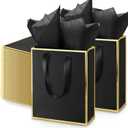 Yeaqee 50 Pack Metallic Gift Bags with Handle and Tissue Paper Gold Foil Thank You Bag for Valentine Wedding 5 Groomsmen Bridal 5 Senses Gifts Holiday Party Favors 9x7x3.15''(Black Gold)