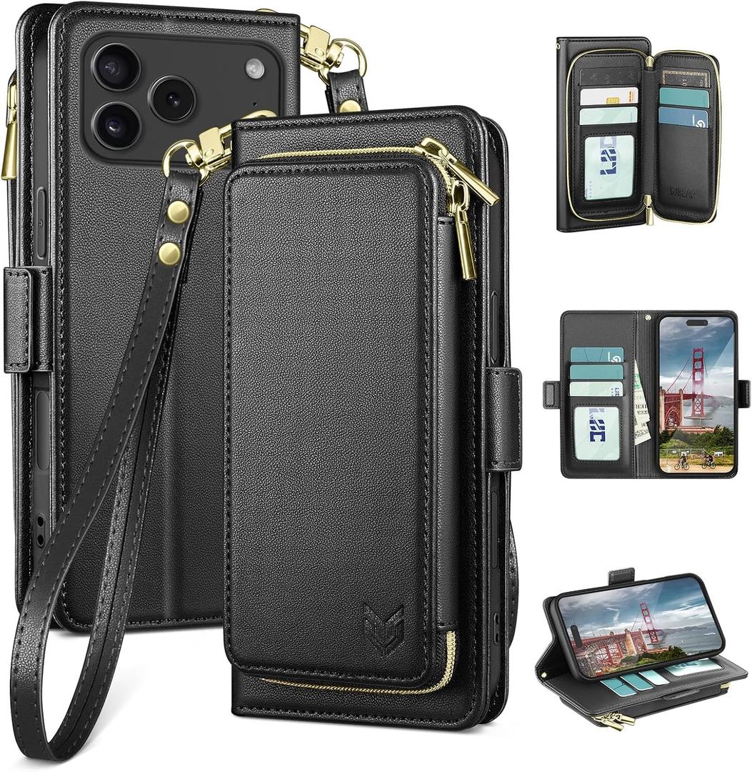 DJBEAR for iPhone 17 Pro 6.3" Wallet Case for Men & Women, All-in-One Flip Folio Cover with 9 Card Slots, Zipper Pocket, Detachable Wrist Strap, Full Body Protection for Apple 17 Pro Black