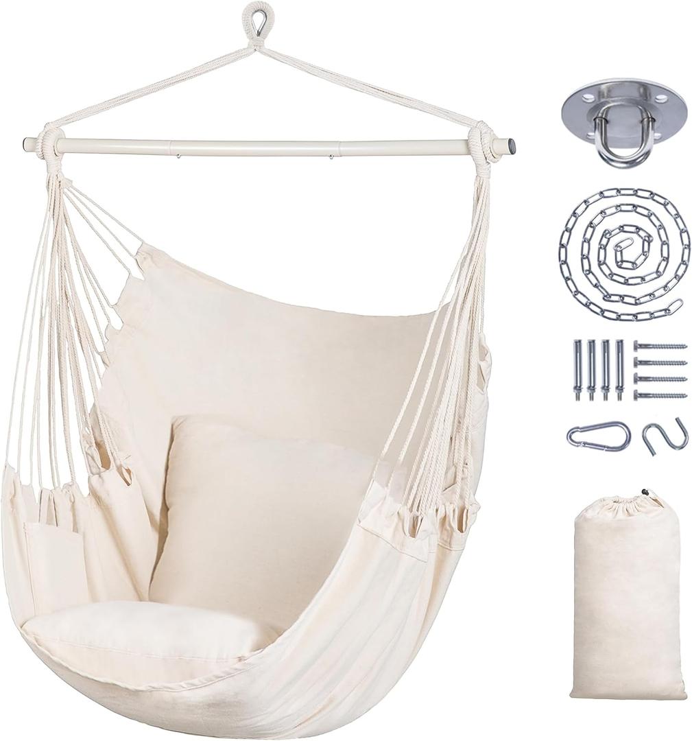 SUNCREAT Hammock Chair Hanging Rope Swing Seat-Max 450lbs Capacity, Extra Large Hanging Swing with Metal Support Bar, Side Pocket, Beige