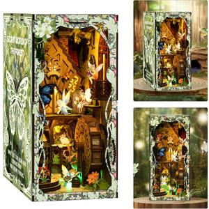 ISSEVE Book Nook Kit, DIY 3D Wooden Puzzle Dollhouse Booknook for Adults, Tiny Miniature House Kit Bookshelf Decor with LED Light and Dust Cover, Gifts for Family and Friends (Forest Secret World)