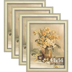 Vittanly 11x14 Picture Frames Set of 4, Vintage Photo Frames, Beige | Display 8x10 Pictures with Mat or 11x14 without Mat, Rustic Frames with Plexiglass, Farmhouse Home Decor for Wall Mounting
