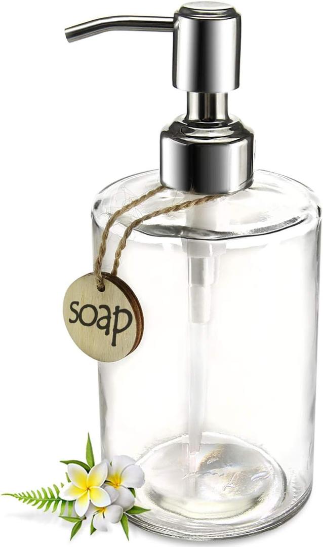 JASAI 16OZ Cylinder Glass Soap Dispenser with Rust Proof Stainless Steel Pump, Refillable Bathroom Soap Dispenser for Hand Soap, Dish Soap, Liquid Soaps and Kitchen (Clear)