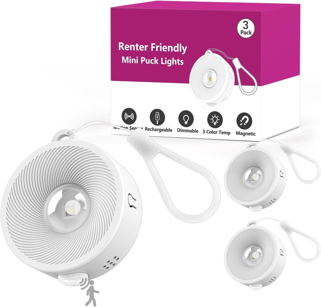 2" Rechargeable Mini Puck Lights w/Lanyard, Renter Friendly Magnetic Stick On Battery Operated Lights, Wireless Motion Sensor Light Indoor for Closet, Wall, Shelves, Kitchen, Locker - 3Pack/White