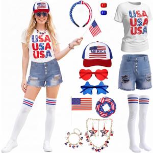 12 Pcs 4th of July Outfit Set for Women Patriotic American T-shirt Jeans Cap Headband Earrings Necklace Bracelet Stockings Sunglasses Hairband Hand Flag Beads Set for Independence Day