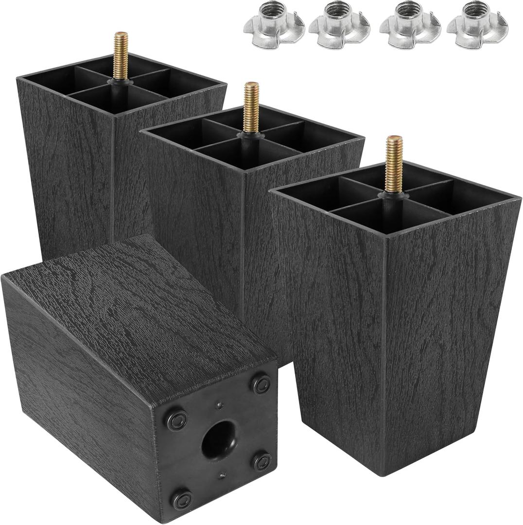 M8-1.25 Metric Thread Bolts Plastic Furniture Legs 5 Inch Black Square Sofa Feet with T-Nuts - Couch Feet Replacement - Couch Legs Set of 4