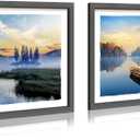 Lake Landscape Framed Wall Art: Modern Wilderness Boat Tree Scenery Foggy Mountain Picture Natural Sunset Sunrise Artwork Print Painting for Bedroom Living Room Bathroom Office, 12"L x 12"W