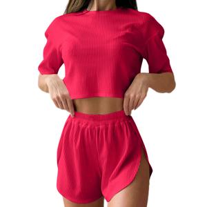 Remidoo Women's Short Sleeve T Shirts And Shorts Side Slit Crewneck Pajamas Set Red Small (S)