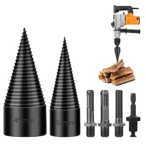 Firewood Log Splitter 2 Pack 45mm+32mm Easy Log Splitting Drill Bits Heavy Duty Electric Drills Screw Cone Driver Tools Split Wood Efficiently for Dry Soft Woods + 4 Drill Attachments