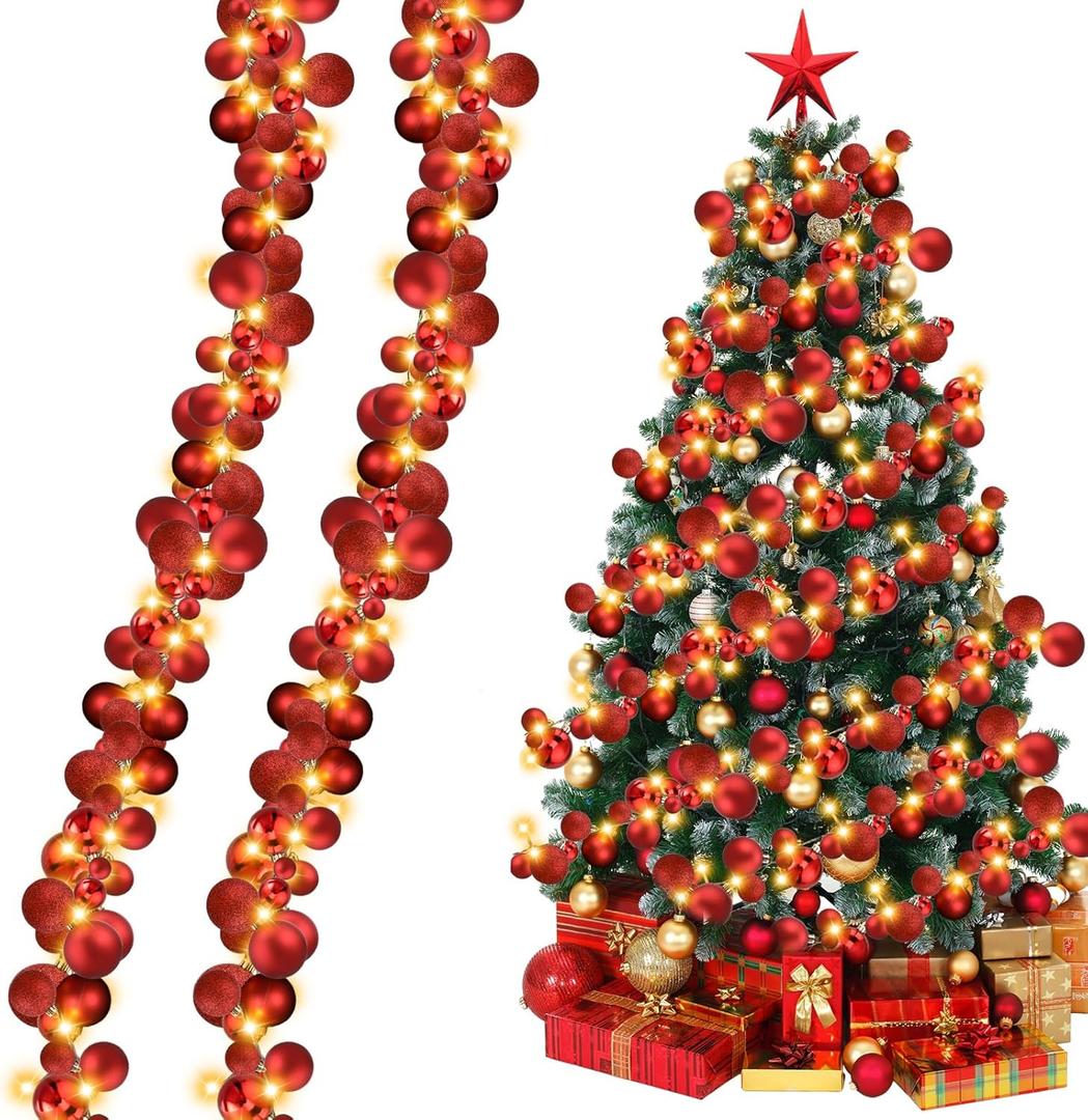 Jenaai 12 Ft Christmas Bulb Ball Garland with LED Lights Christmas Lighted Bulb Garland Ornament Xmas Tree Balls Decor Hanging Balls Decoration for Tree Fireplace(Red)