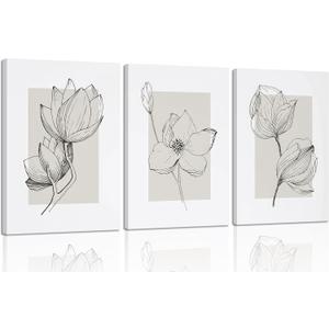 3Pcs Neutral Botanical Canvas Wall Art Beige Simple floral Painting Pictures Wall Decor Vintage Line flower Poster Print Artwork for Living Room Bedroom Bathroom Scene Home Decoration