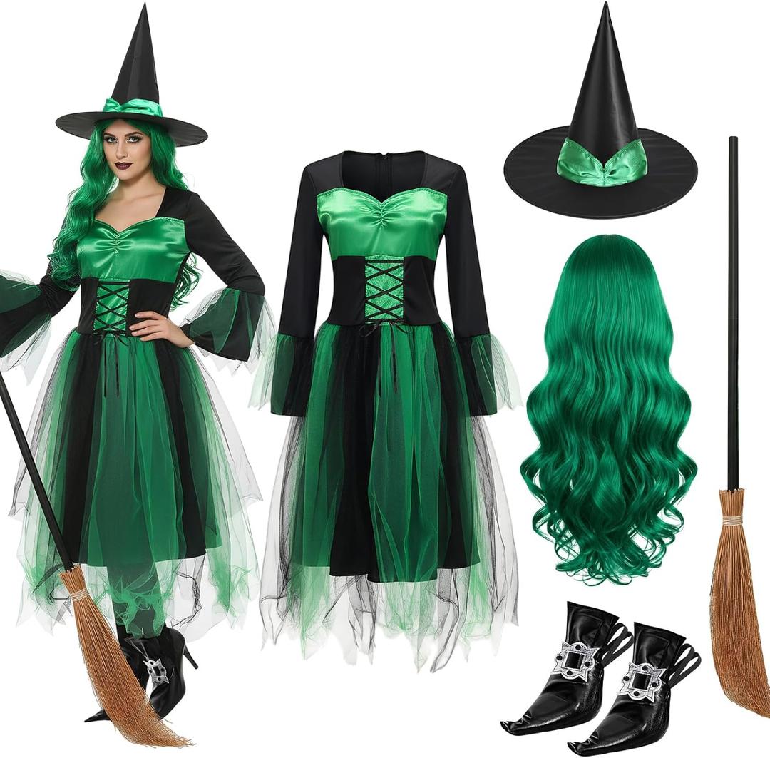Witch Costume Set with Witch Hat, Cosplay Wig, Dress, Broom, Shoe Covers for Women Halloween Dress up (Large, Green)